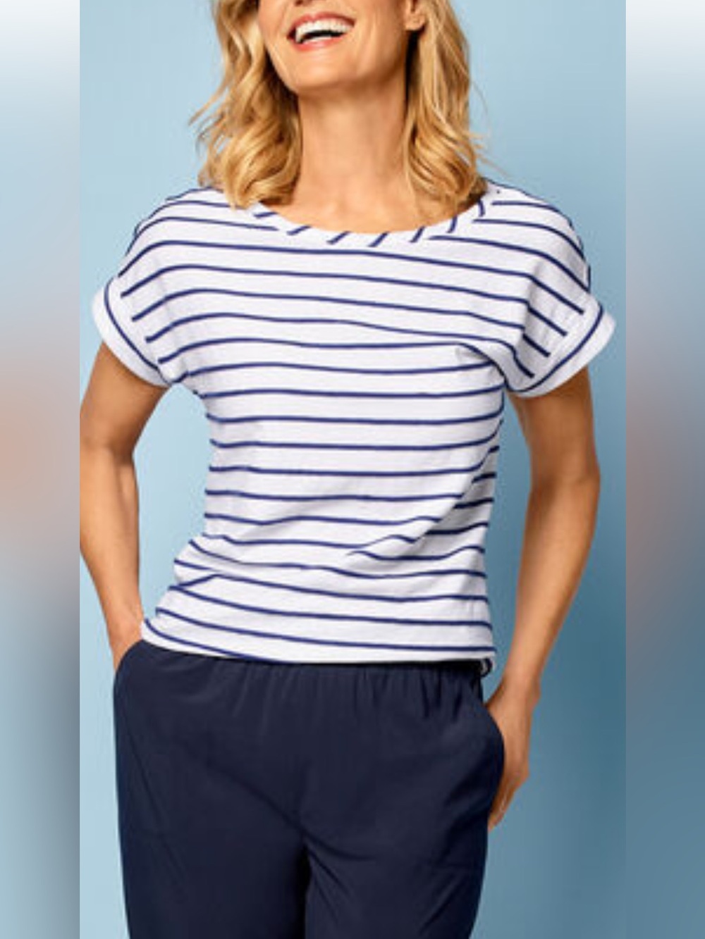 T BY TALBOTS Stripe Textured Tee Navy White Petite S 100% Cotton Nautical